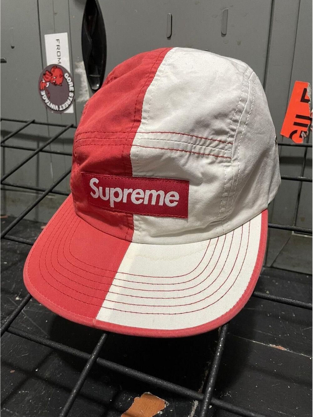 Supreme 5 panel box logo hat split red white used as is